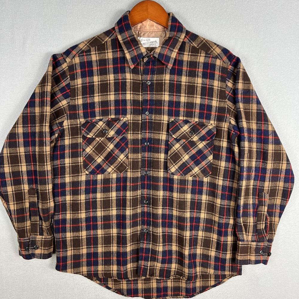 VTG Sears Roebuck Plaid Flannel Shirt Mens L Wool Blend 70s Long Sleeve Workwear